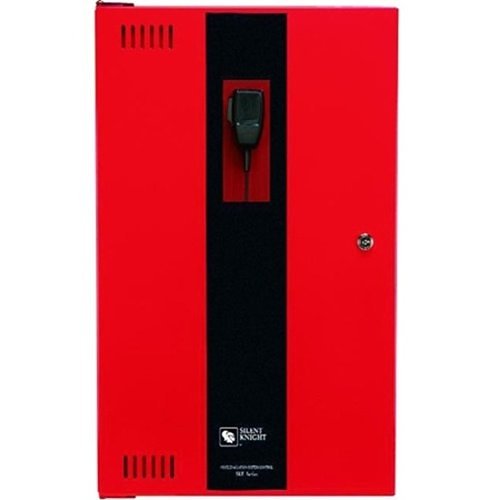 Silent Knight SKE-450 50W voice evacuation panel mounted on wall with control buttons and indicator lights.
