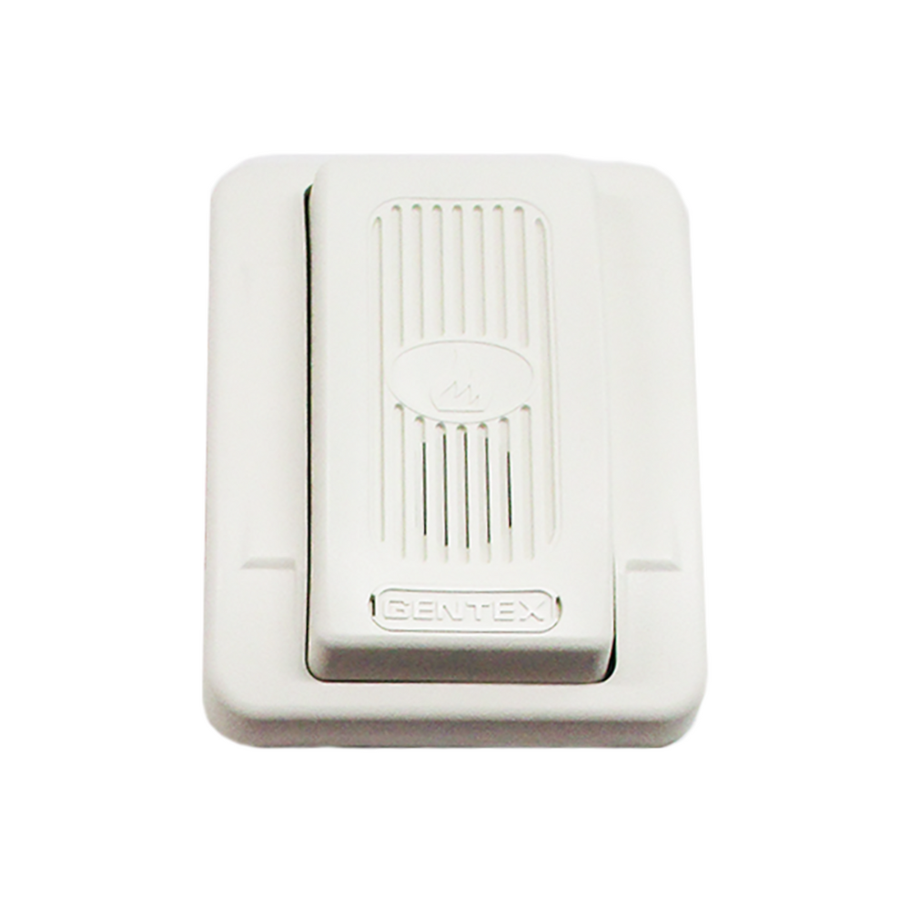 Gentex GEH24-W fire alarm with white smoke detector design, mounted on ceiling, brand logo visible, in a home safety setting.