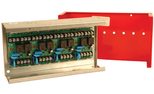 Mircom ULC MR-204/C/R fire alarm with red casing and digital display, mounted on white wall.