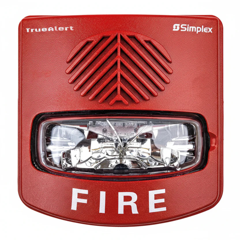 Simplex 4906-9131 horn strobe alarm device with orange cover and mounting base, designed for fire and emergency alert systems.