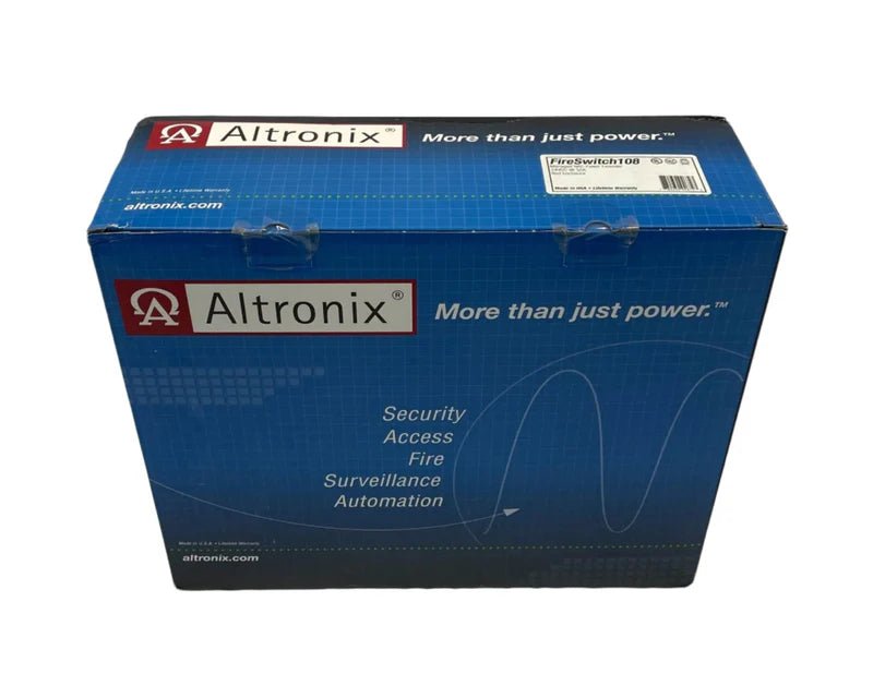 Altronix FIRESWITCH108 fire alarm switch with multiple input terminals and a metal mounting plate, used in security systems.