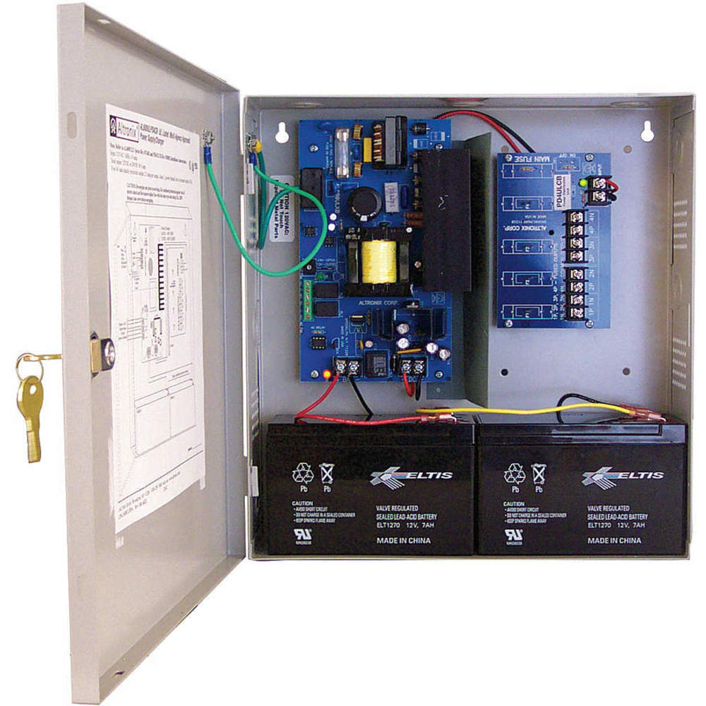 Altronix AL600ULPD4CB power supply with four output channels, mounted on a wall with wiring connections visible.