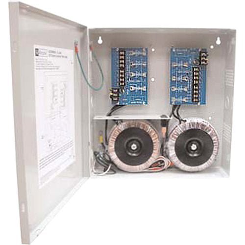 Altronix ALTV248600UL power supply with multiple output terminals, mounted on a wall for security and access control systems.