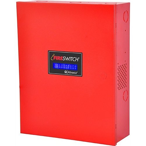 Altronix FIRESWITCH108 fire alarm switch with multiple control points, mounted on a wall with wiring visible.