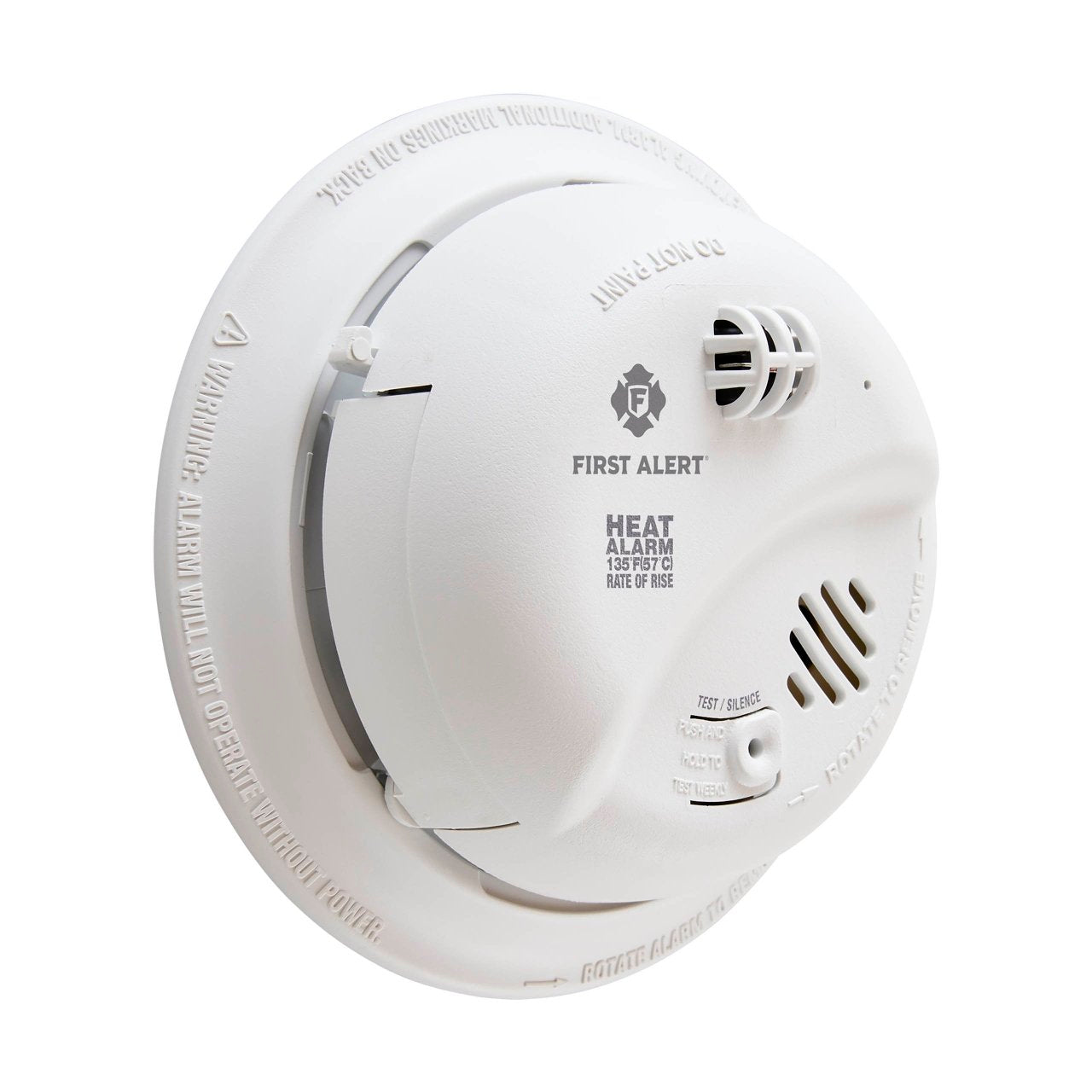 BRK HD6135FB heat detector with rate-of-rise heat alarm, 120V AC/DC, 135°F temperature monitoring, mounted on wall.