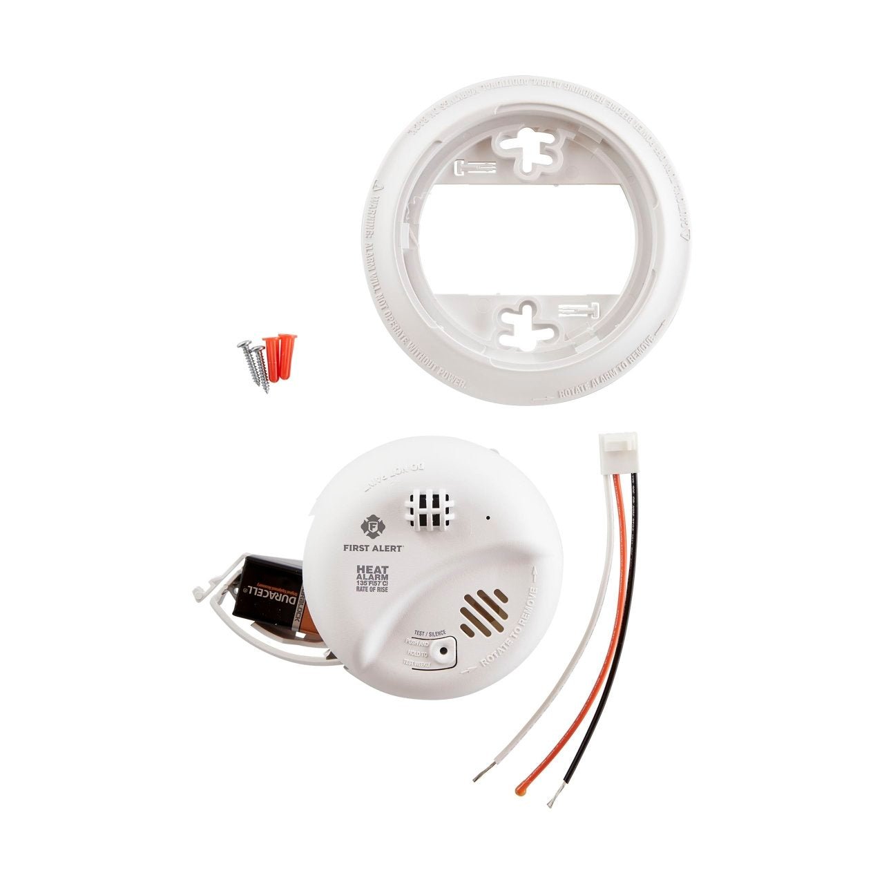 BRK HD6135FB heat detector with rate-of-rise feature, 120V AC/DC, 135°F alarm, mounted on ceiling for fire safety.