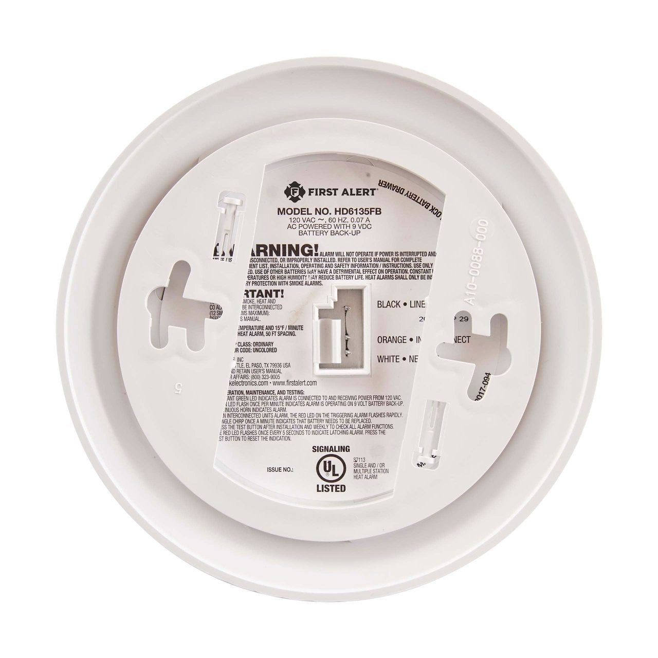 BRK HD6135FB heat detector with rate-of-rise heat alarm, 120V AC/DC, designed for early fire detection and safety.