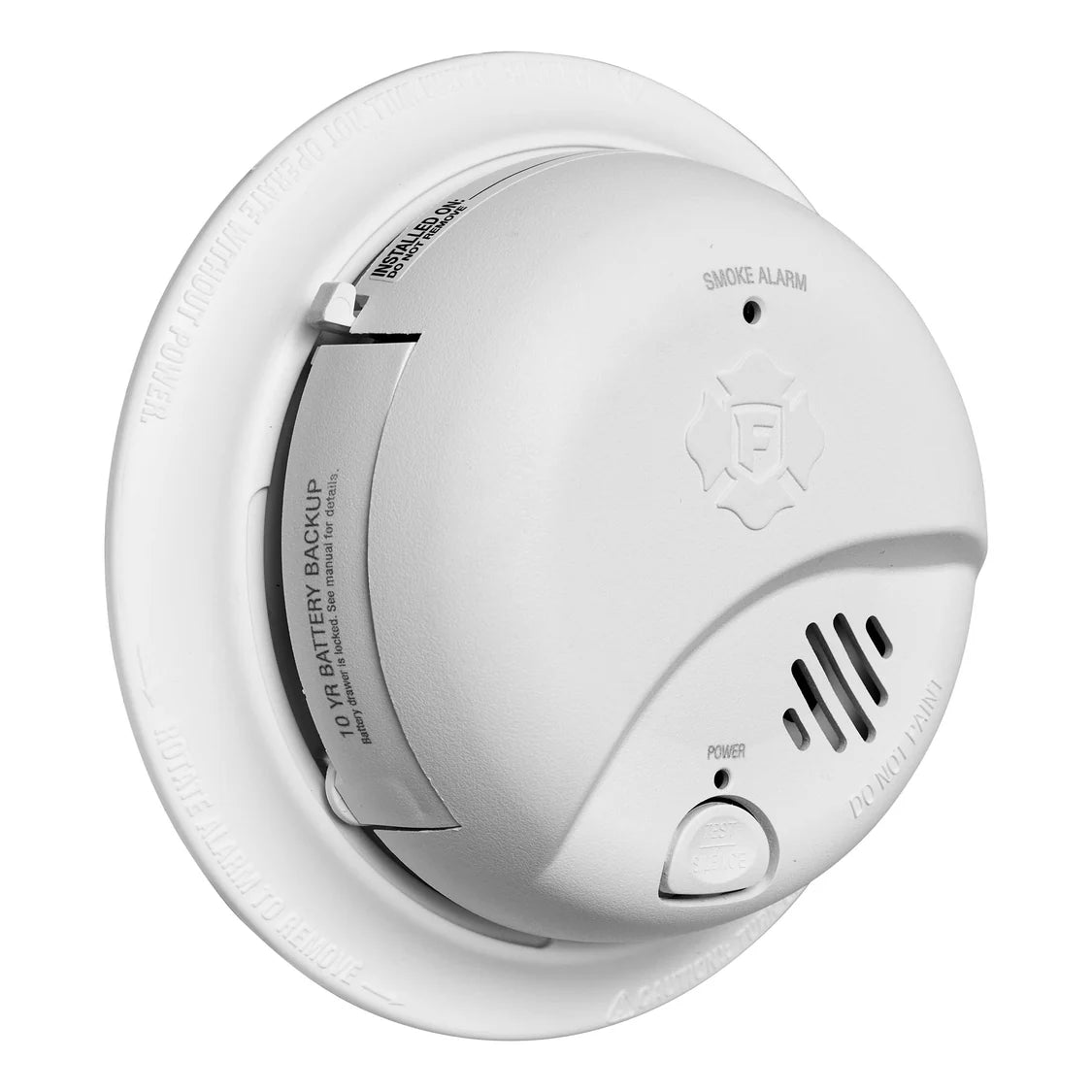 BRK SMI105-AC hardwire smoke alarm with 10-year battery backup, mounted on ceiling, showing its sleek design and test button.