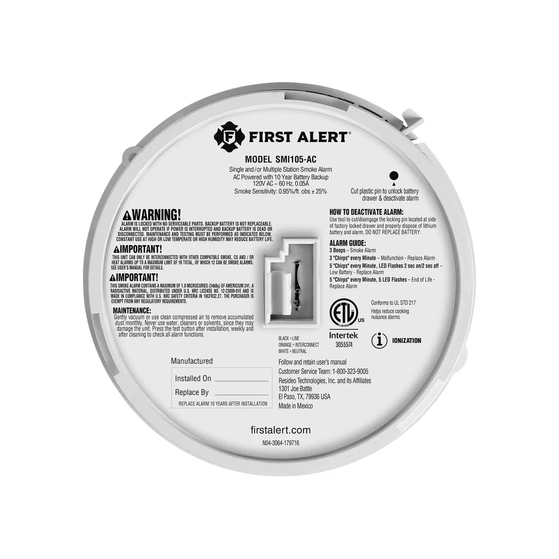 BRK SMI105-AC hardwire smoke alarm with 10-year battery backup, mounted on ceiling in a home setting