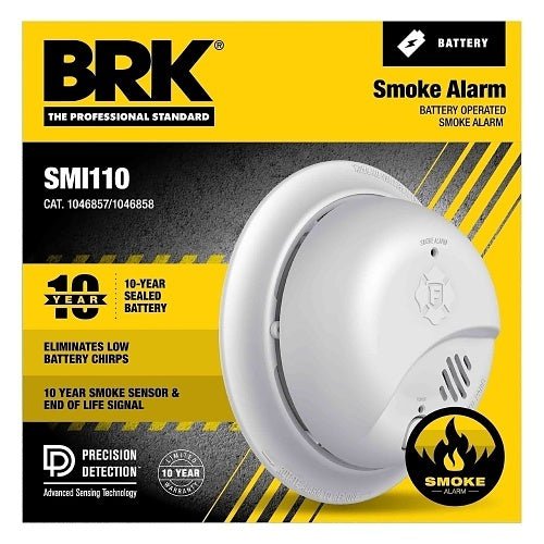 BRK SMI110 smoke alarm with battery operated design, mounted on ceiling, featuring a white circular unit with test button and alarm indicator