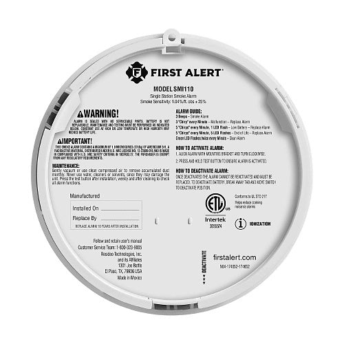 BRK SMI110 smoke alarm with battery operation, mounted on ceiling, showing digital display and sensor components.