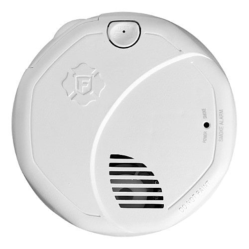 BRK SMI110 smoke alarm with battery operation, mounted on ceiling, featuring a round white detector with test button.