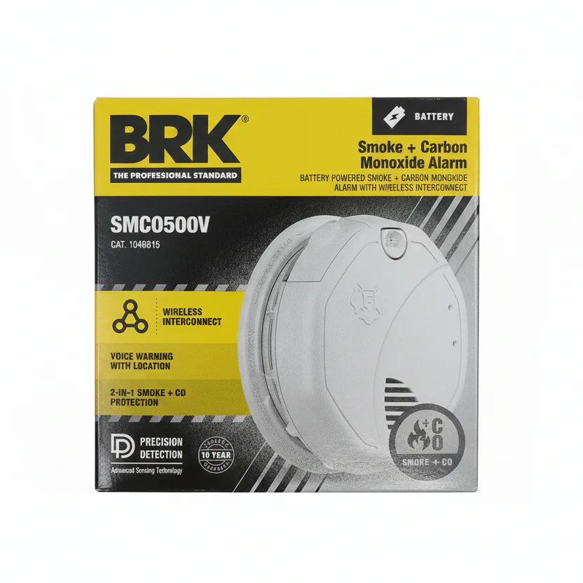BRK SMCO500V hardwired smoke and CO alarm with voice alerts, mounted on ceiling, showing digital display and test button