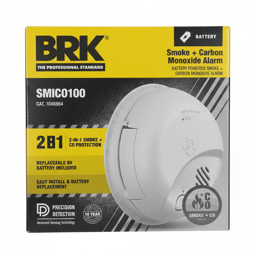 BRK SMICO100 smoke and carbon monoxide alarm with battery operation, mounted on a ceiling for home safety.