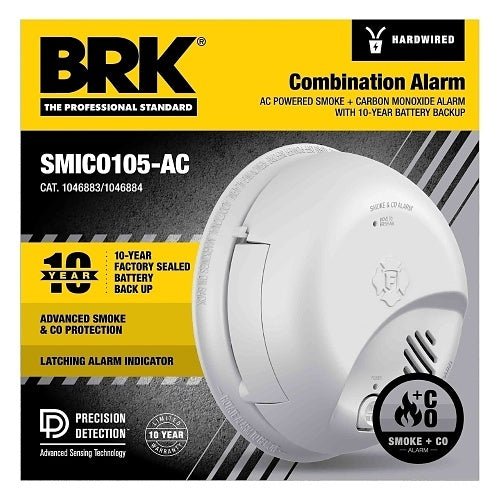 BRK SMICO105-AC Smoke and CO alarm with battery backup, mounted on ceiling with test and reset buttons visible.