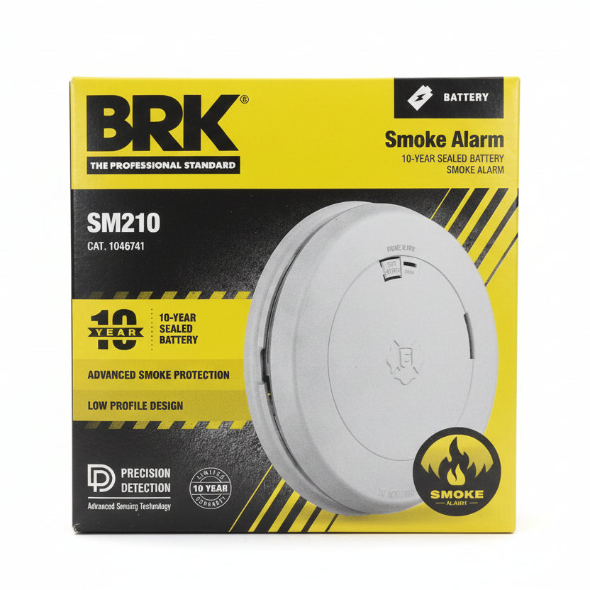 BRK SM210 battery-operated photoelectric smoke alarm with test button and sensor for home safety.