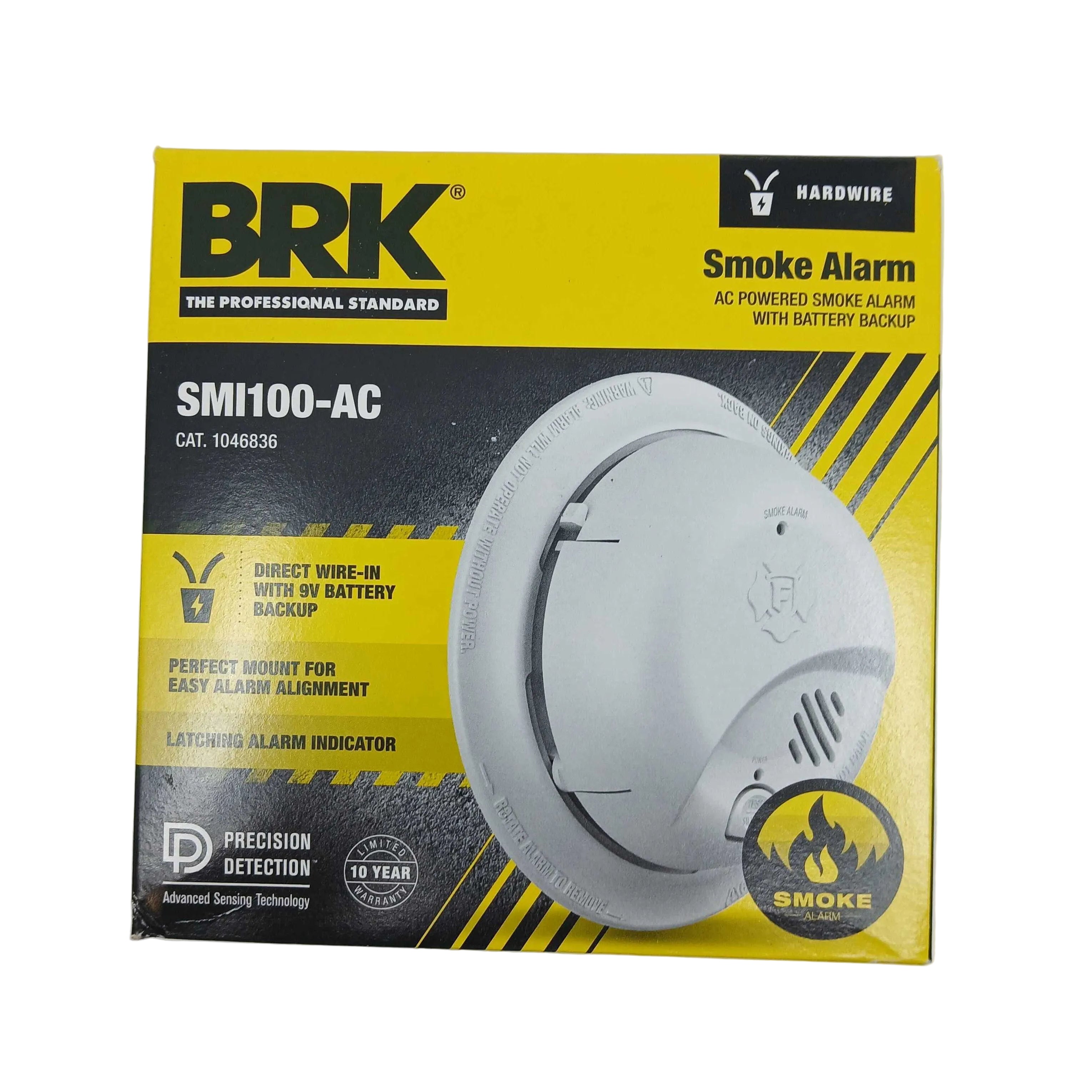 BRK SMI100-AC interconnect hardwire smoke alarm with battery backup, mounted on ceiling, with test and reset buttons visible.