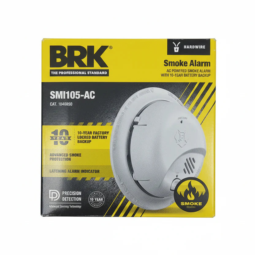 BRK SMI105-AC interconnect hardwire smoke alarm with 10-year battery backup, mounted on ceiling with digital display