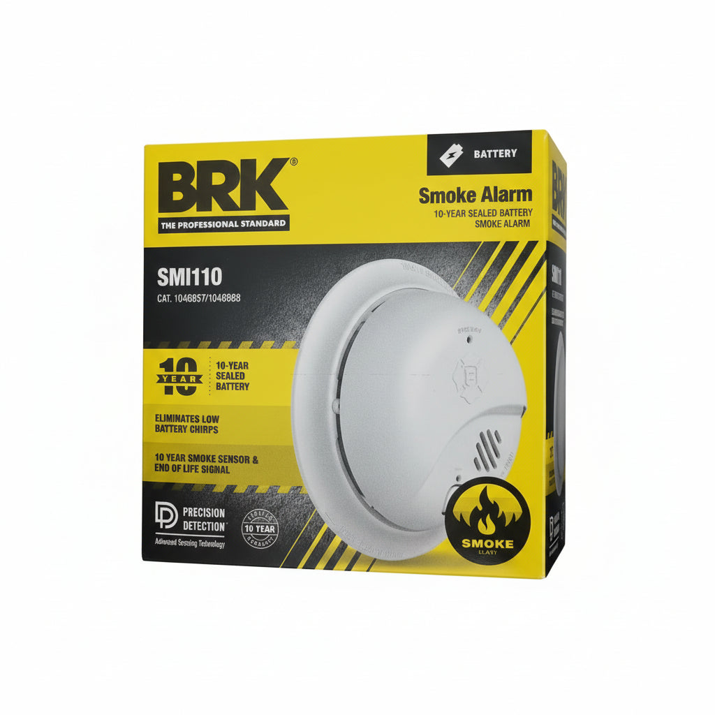 BRK SMI110 smoke alarm with battery operation, mounted on ceiling, showing its front panel and smoke sensor