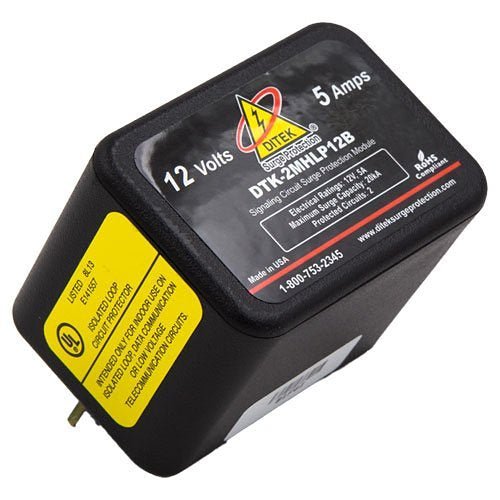 Ditek DTK-2MHLP12B surge protection device mounted on electrical panel, with wiring and labels visible.
