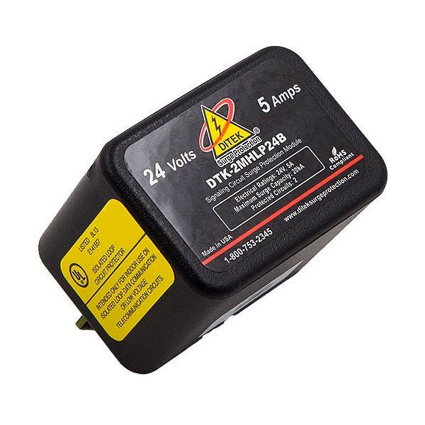 Ditek DTK-2MHLP24B surge protection device mounted on a panel with wiring for electrical safety.