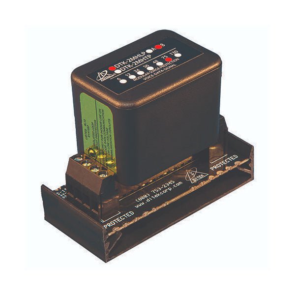 Ditek DTK-2MHLP75BWB data and signaling circuit surge protector mounted on a panel with electrical wiring.