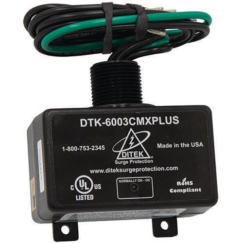 Ditek DTK-6003CMXPLUS surge protector with multiple outlets and LED indicators on a white background.