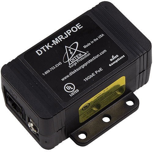 Ditek DTK-MRJPOE surge protection device installed on network equipment, protecting RJ45 and POE connections.