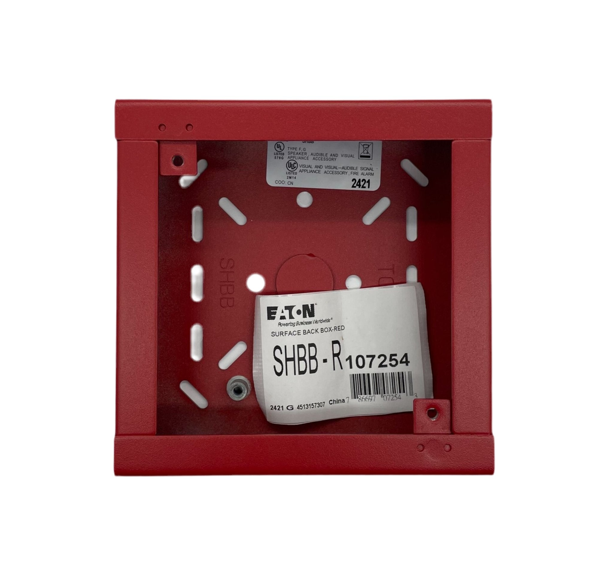 Eaton Wheelock SHBB-R backbox for electrical systems, shown in a close-up image with mounting features and durable construction.