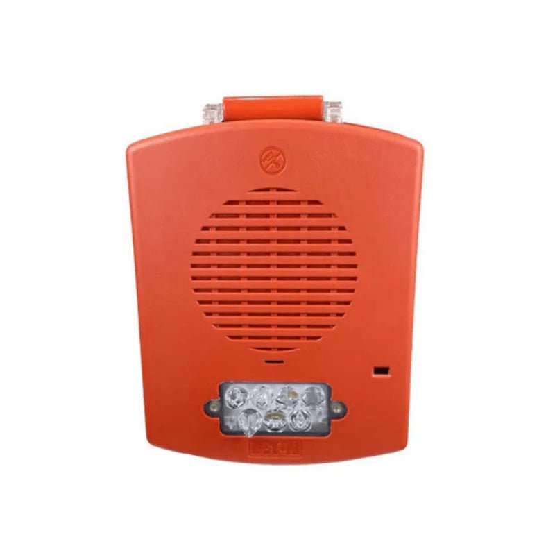 Eaton Wheelock EL4XMTST-FR emergency strobe light with red lens mounted on a white background
