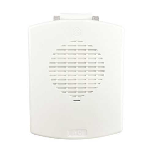 Eaton Wheelock EL4XSPK-NW fire alarm system sensor with black finish, mounted on wall for fire safety detection.