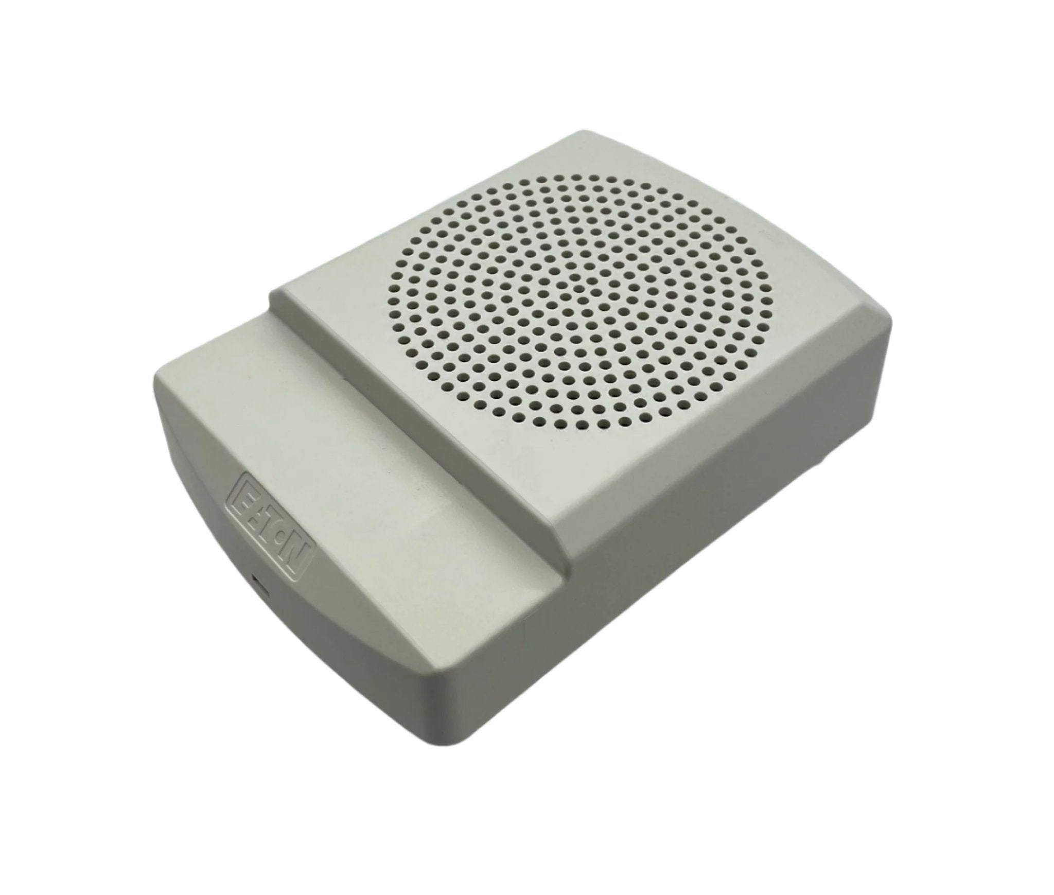 Eaton Wheelock ELFHNW-N horn strobe alarm with black housing and mounting bracket, designed for fire and security systems.