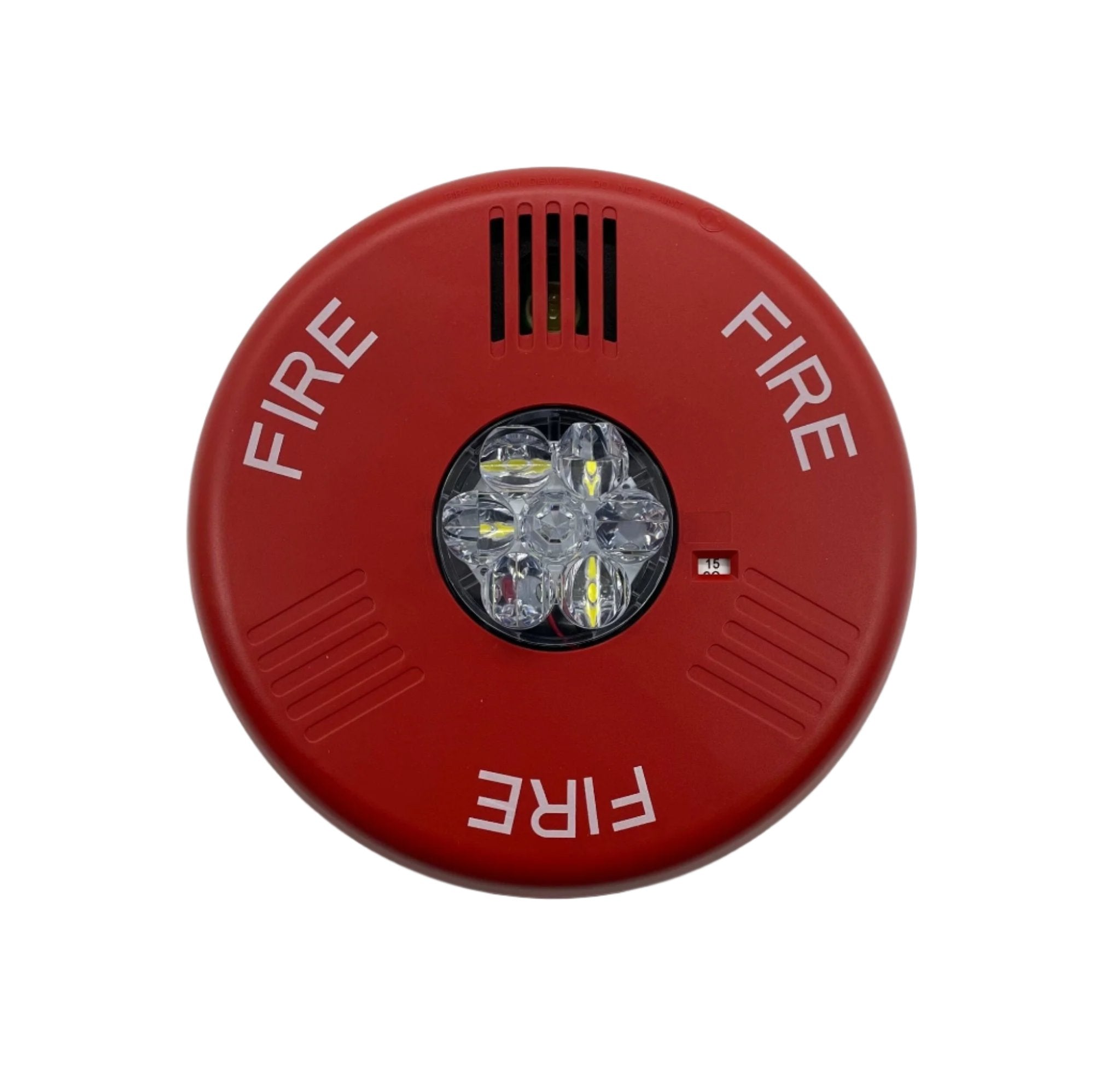Eaton Wheelock ELHSRC horn strobe with red housing and clear lens for visual and audible alarm signaling.