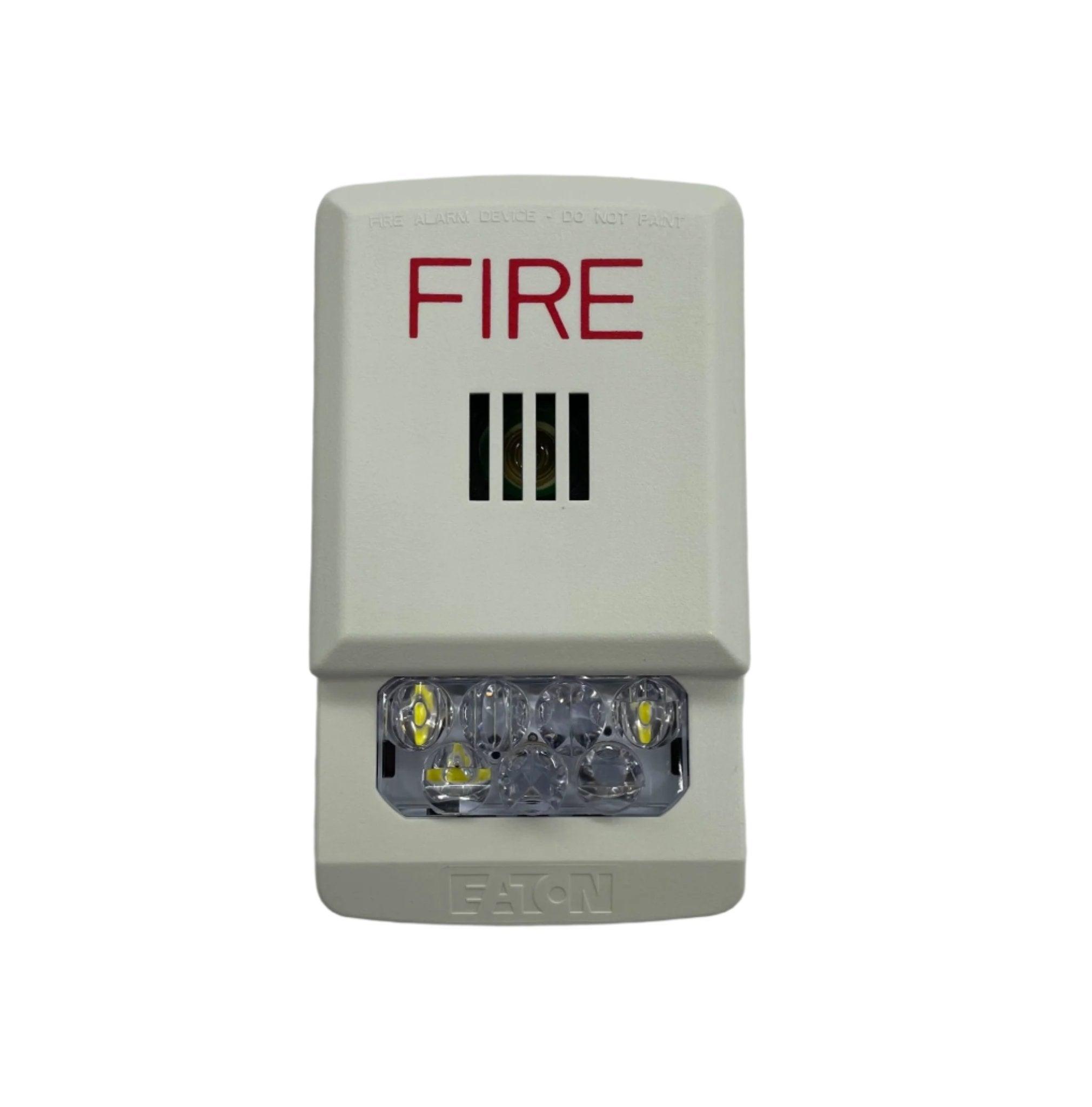 Eaton Wheelock ELHSW horn strobe alarm with black housing and mounting hardware, designed for emergency alert systems.