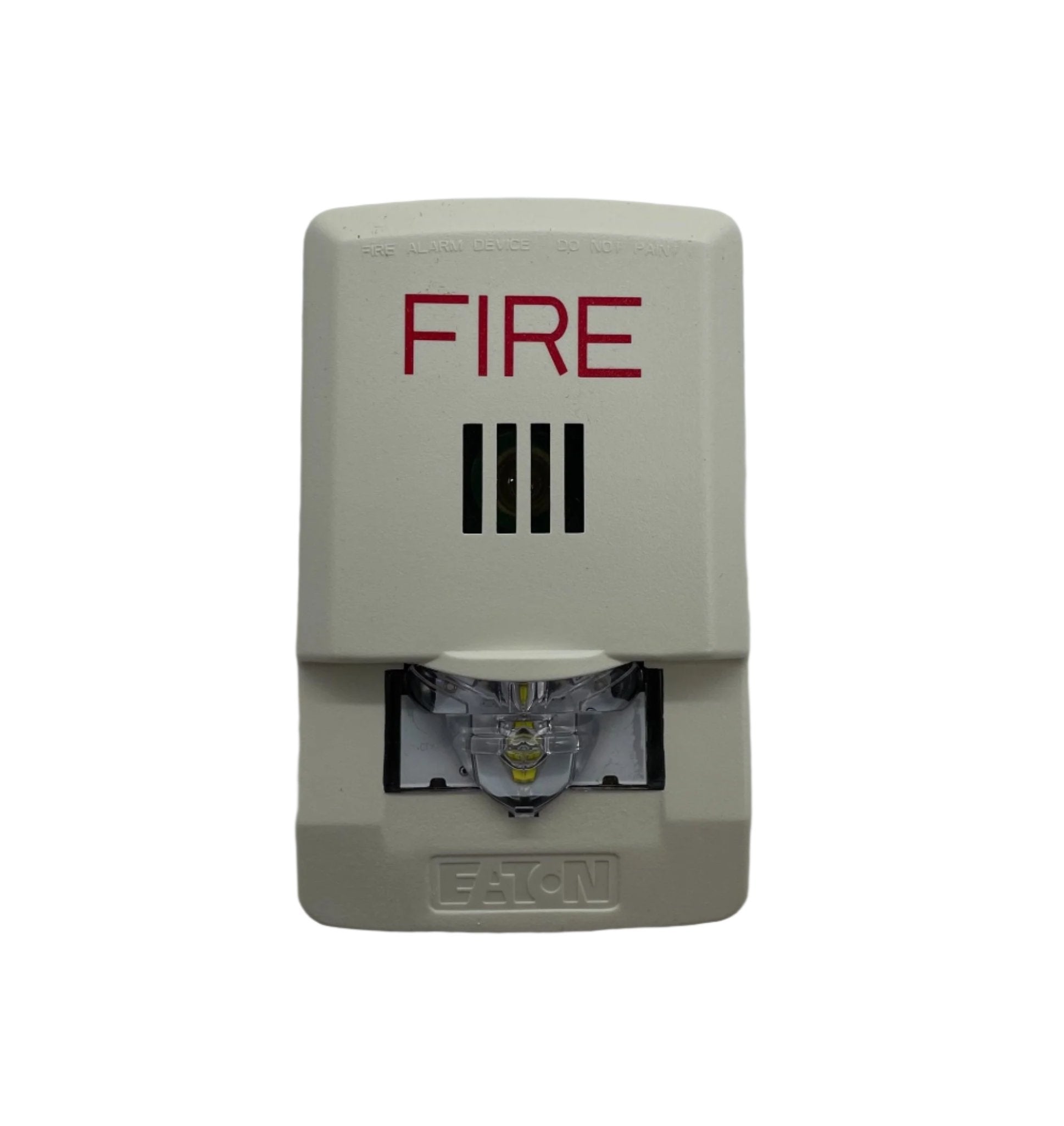 Eaton Wheelock LHSW3 horn strobe alarm device with red horn and clear strobe light for emergency notification.