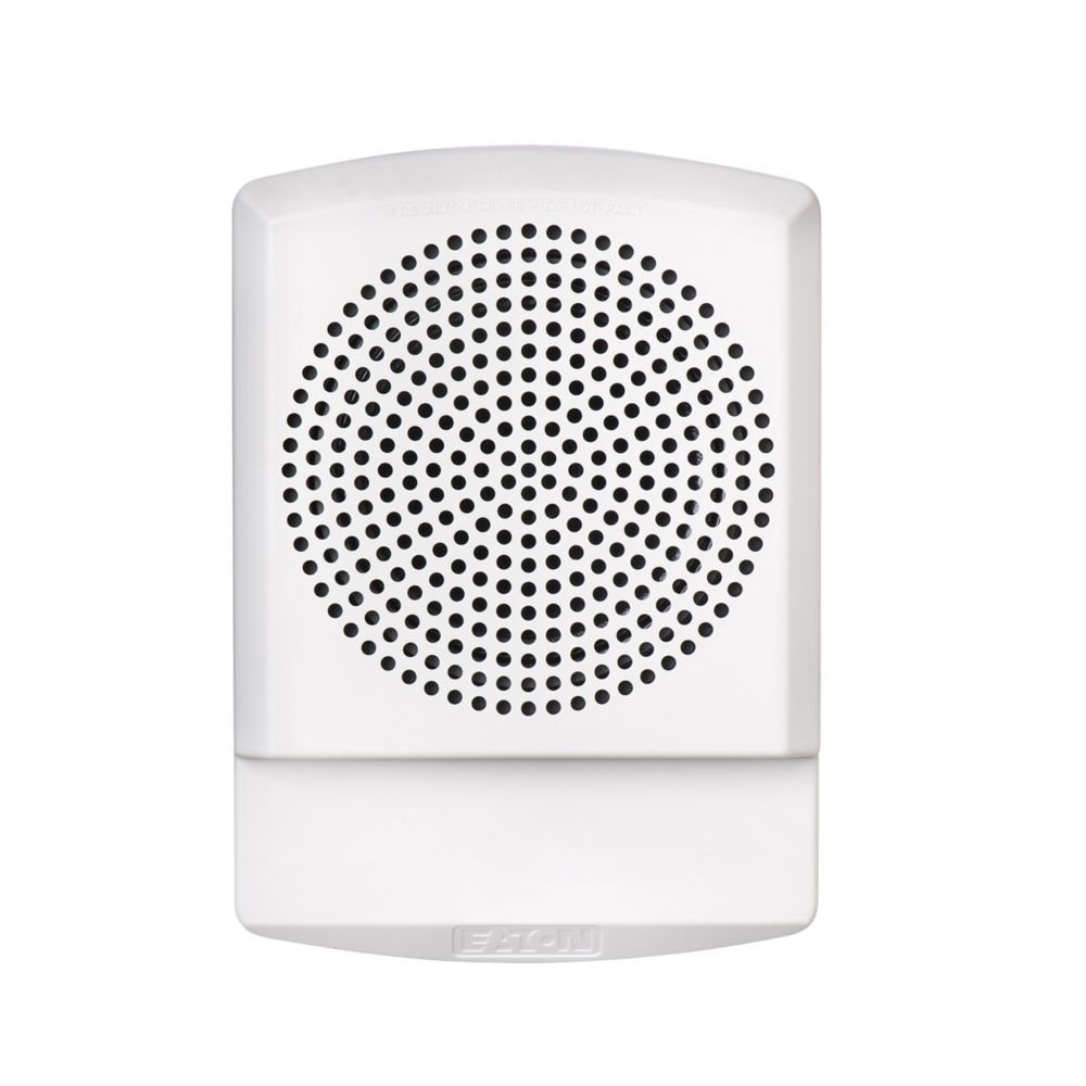 Eaton Wheelock ELFHNW sounder mounted on a wall, showing its compact design and wiring connections for emergency notification systems.