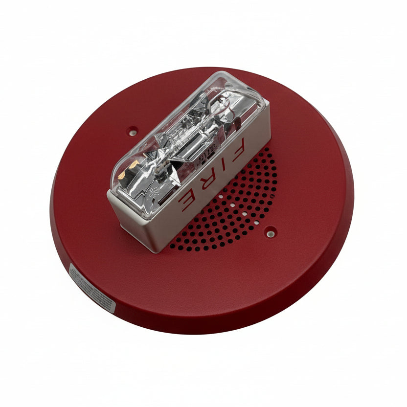 Eaton Wheelock E90H-24MCC-FR speaker strobe with red housing and mounting bracket, designed for fire alarm notification systems.