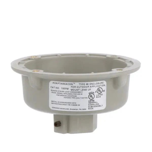 Edwards 105PM fire alarm with smoke detector and alarm horn, mounted on a ceiling for fire safety detection.