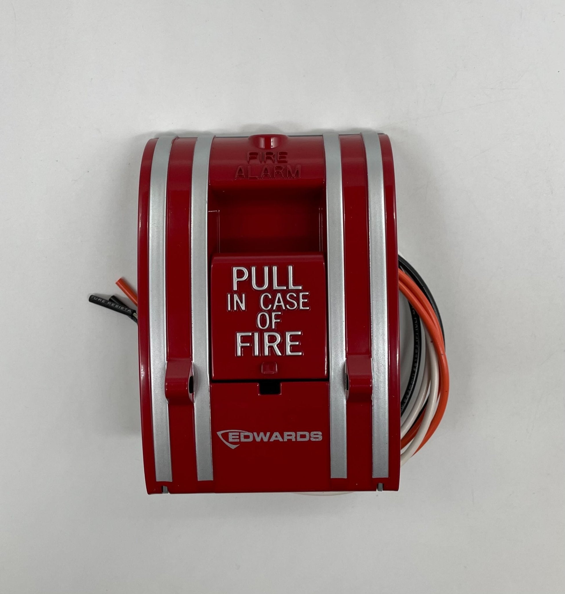 Edwards 270A-DPO pull station fire alarm device mounted on a wall with emergency instructions.
