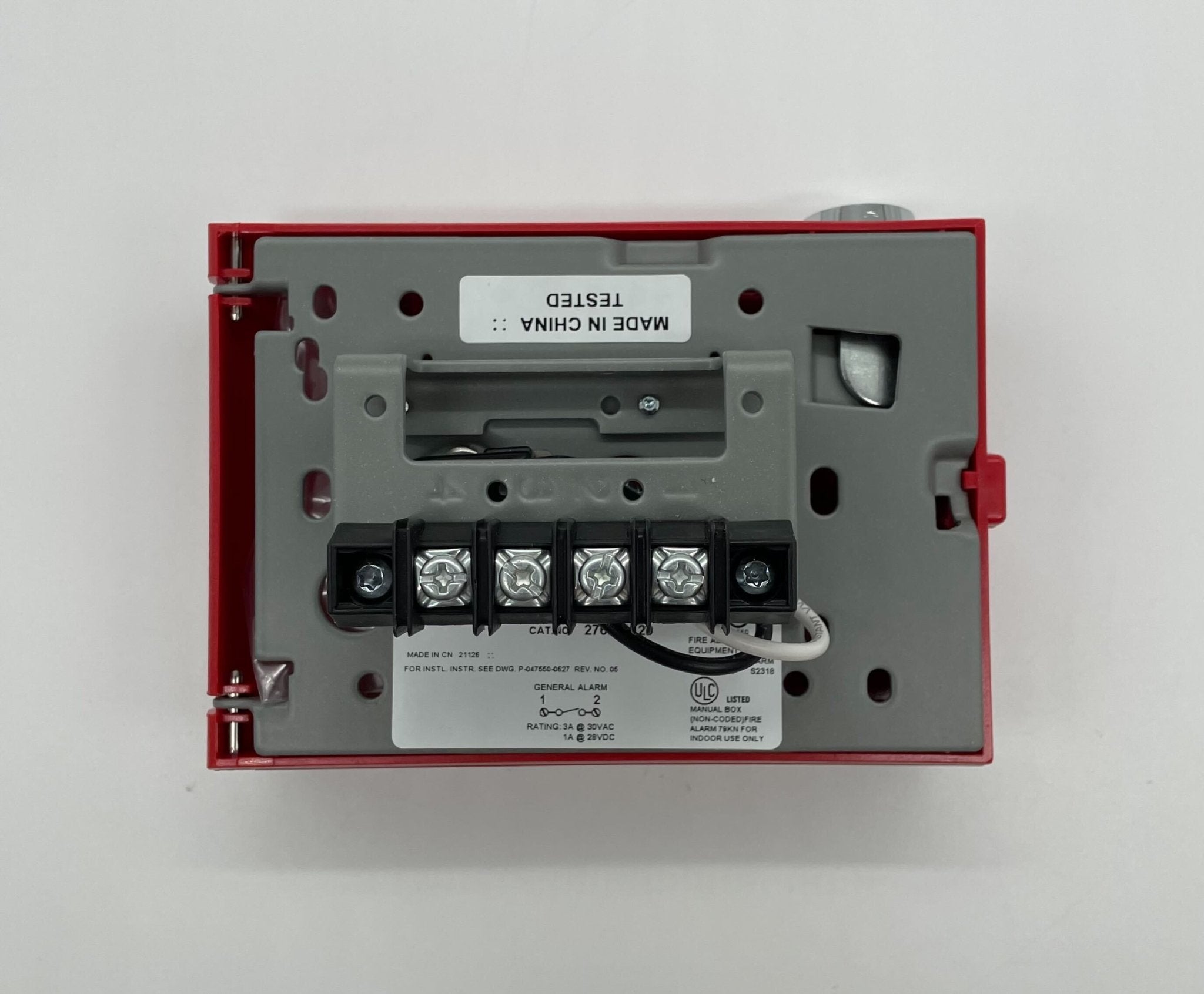 Edwards 276B-1120 pull station fire alarm device mounted on wall, with black activation lever and clear labeling.
