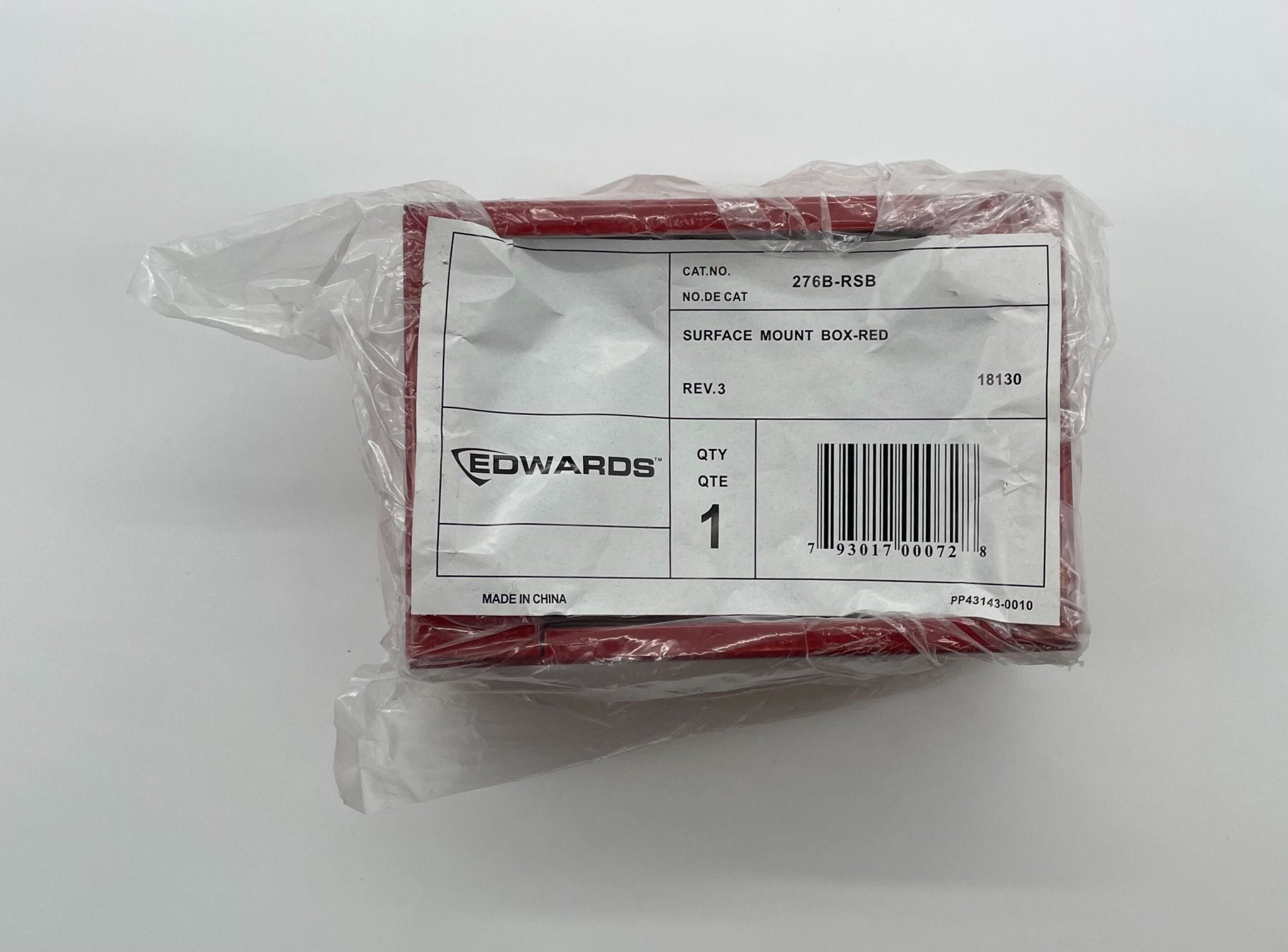 Edwards 276B-RSB backbox for fire alarm systems, shown in a clean, white metal enclosure with mounting brackets and openings.