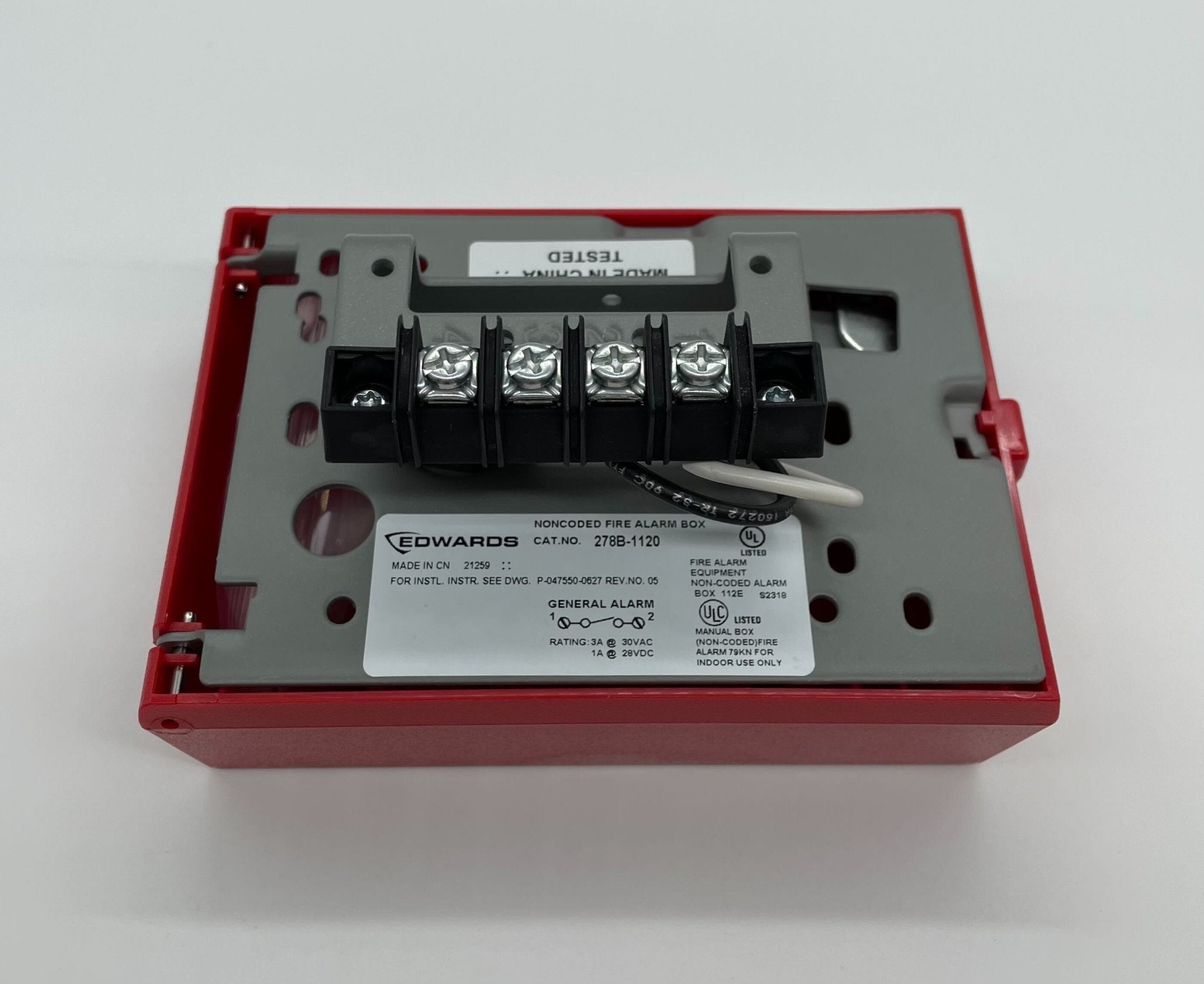 Edwards 278B-1120 fire alarm pull station mounted on a wall with visible instructions and red color for emergency use
