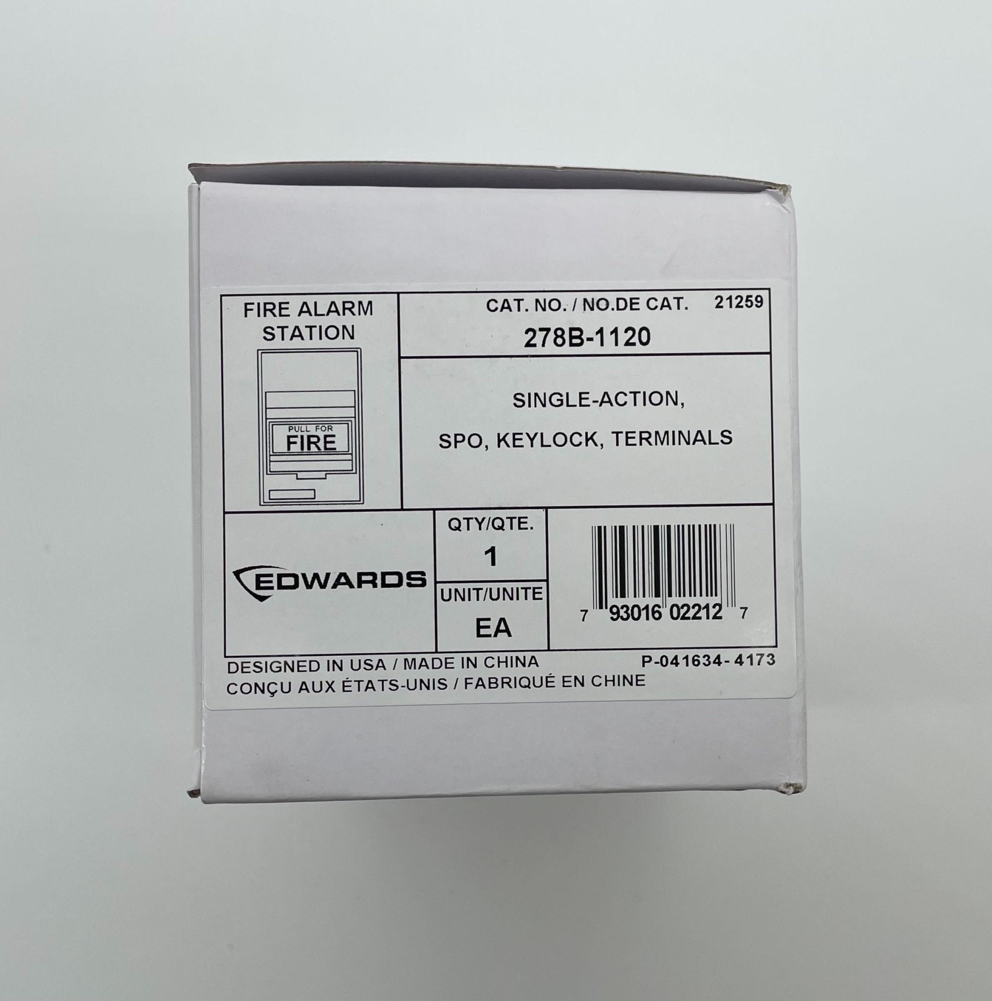 Edwards 278B-1120 pull station fire alarm device mounted on wall with clear label and red color for emergency use