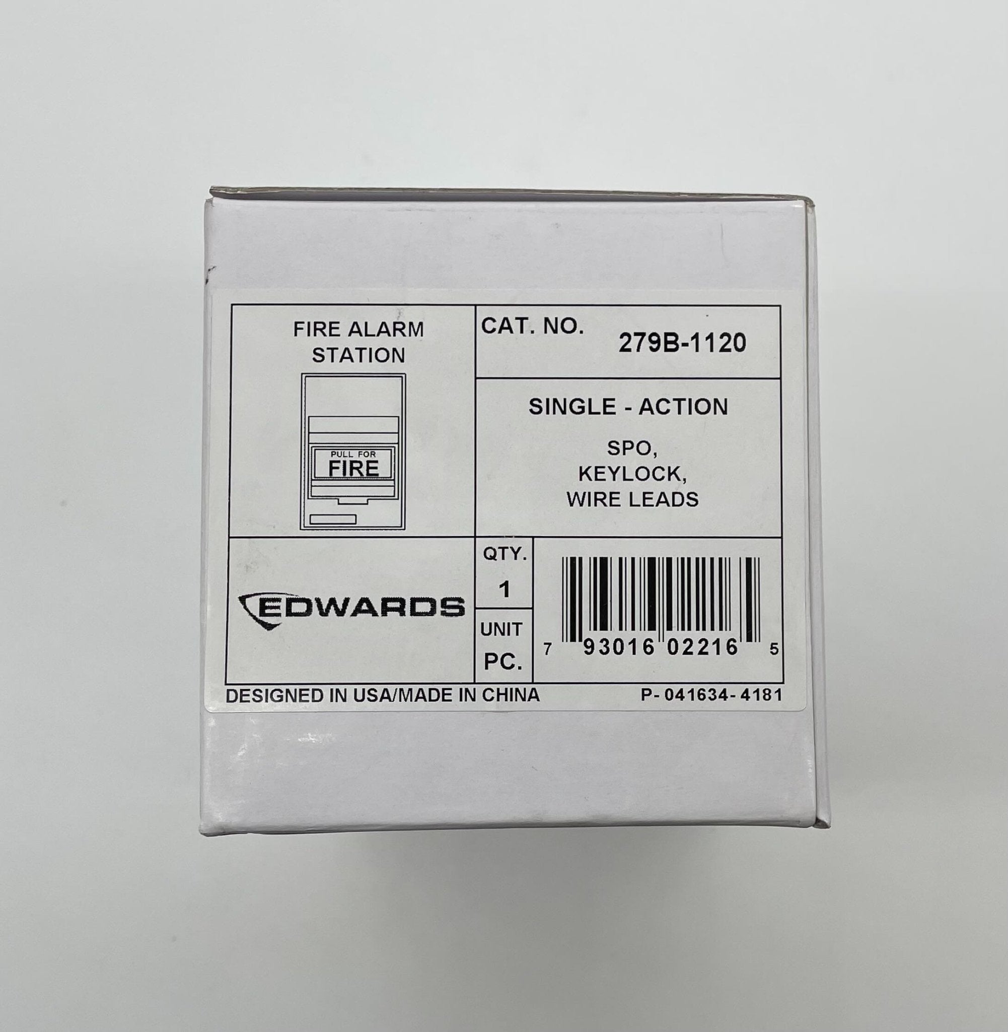 Edwards 279B-1120 pull station fire alarm switch mounted on wall, labeled for emergency use, in a safety equipment setting.