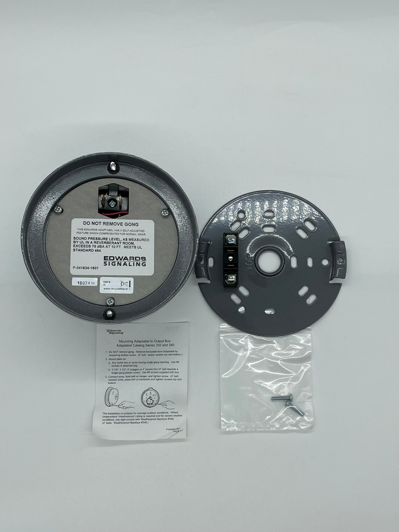 Edwards 340-4N5 bell, a brass fire alarm bell with a metal mounting bracket, designed for commercial fire safety systems.