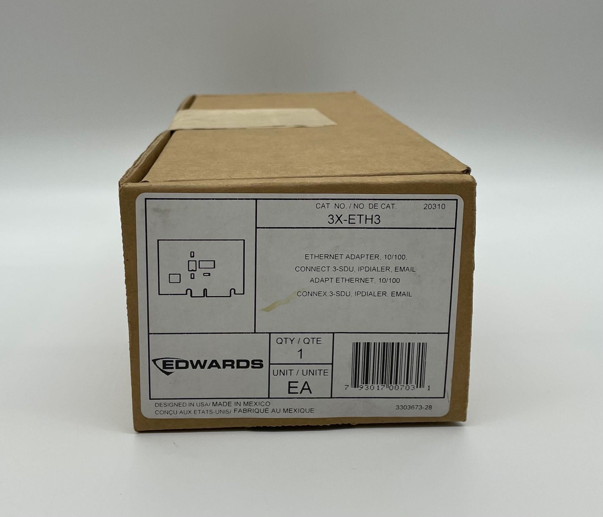 Edwards 3X-ETH3 fire alarm with digital display and sensor, mounted on wall, in a commercial setting.