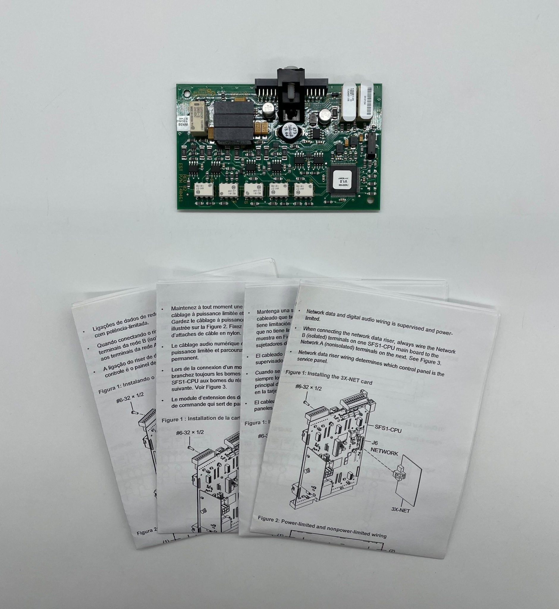 Edwards 3X-NET network card by Edwards, showing a close-up of the black circuit board with connectors and components.