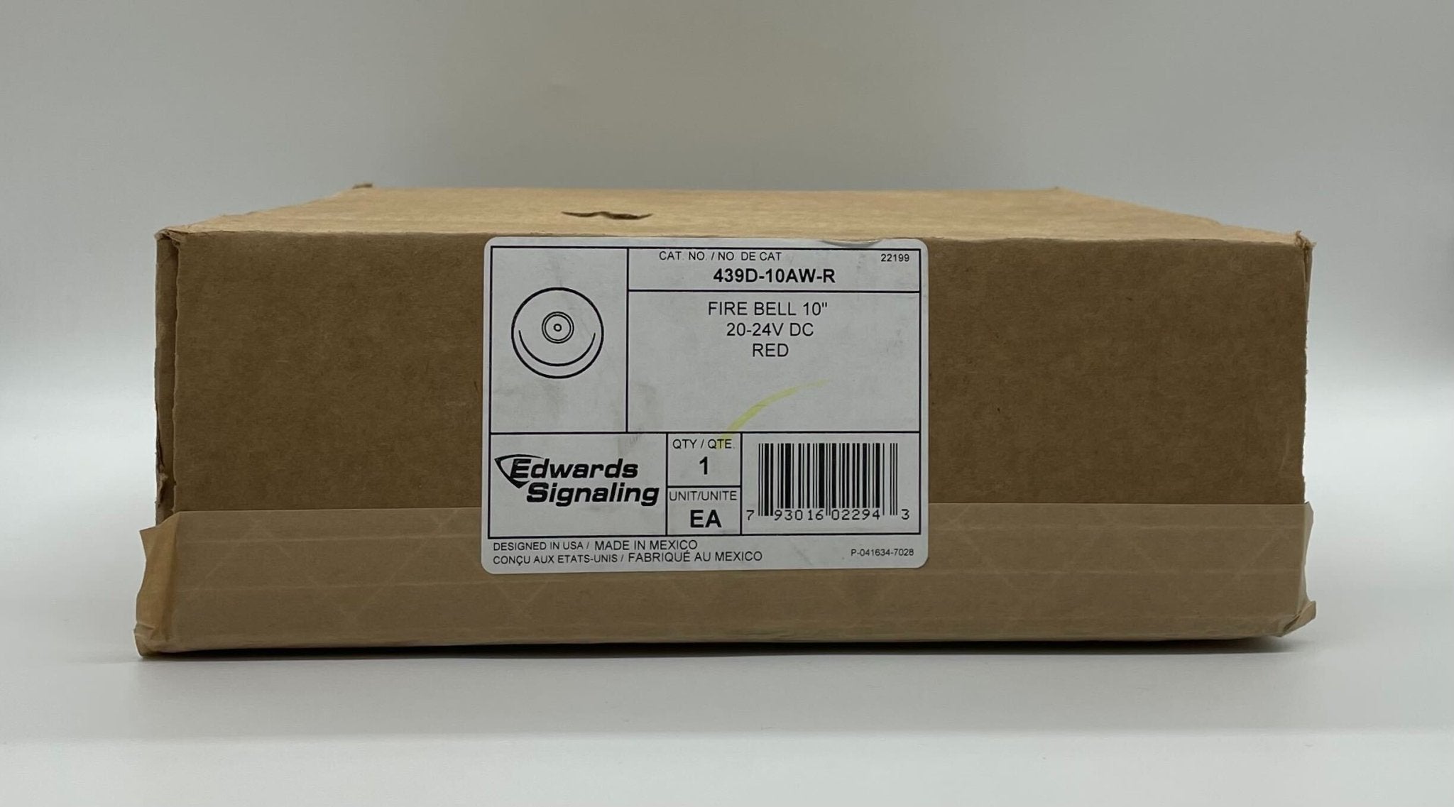 Edwards 439D-10AW-R bell, industrial fire alarm bell in metallic finish, mounted on a white background.
