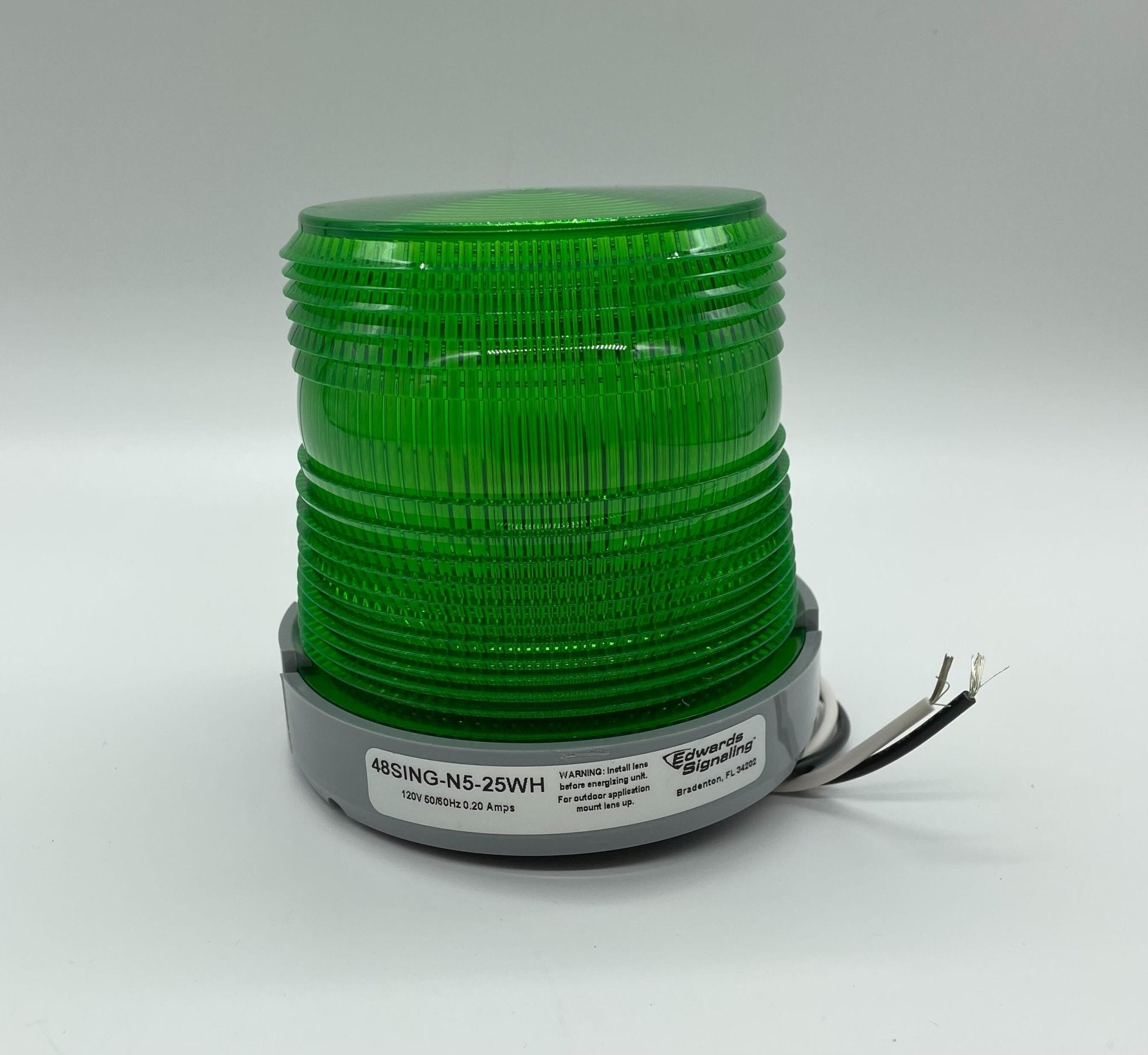 Edwards 48SING-N5-25WH beacon with white housing and multiple LED lights, mounted on a metal base.