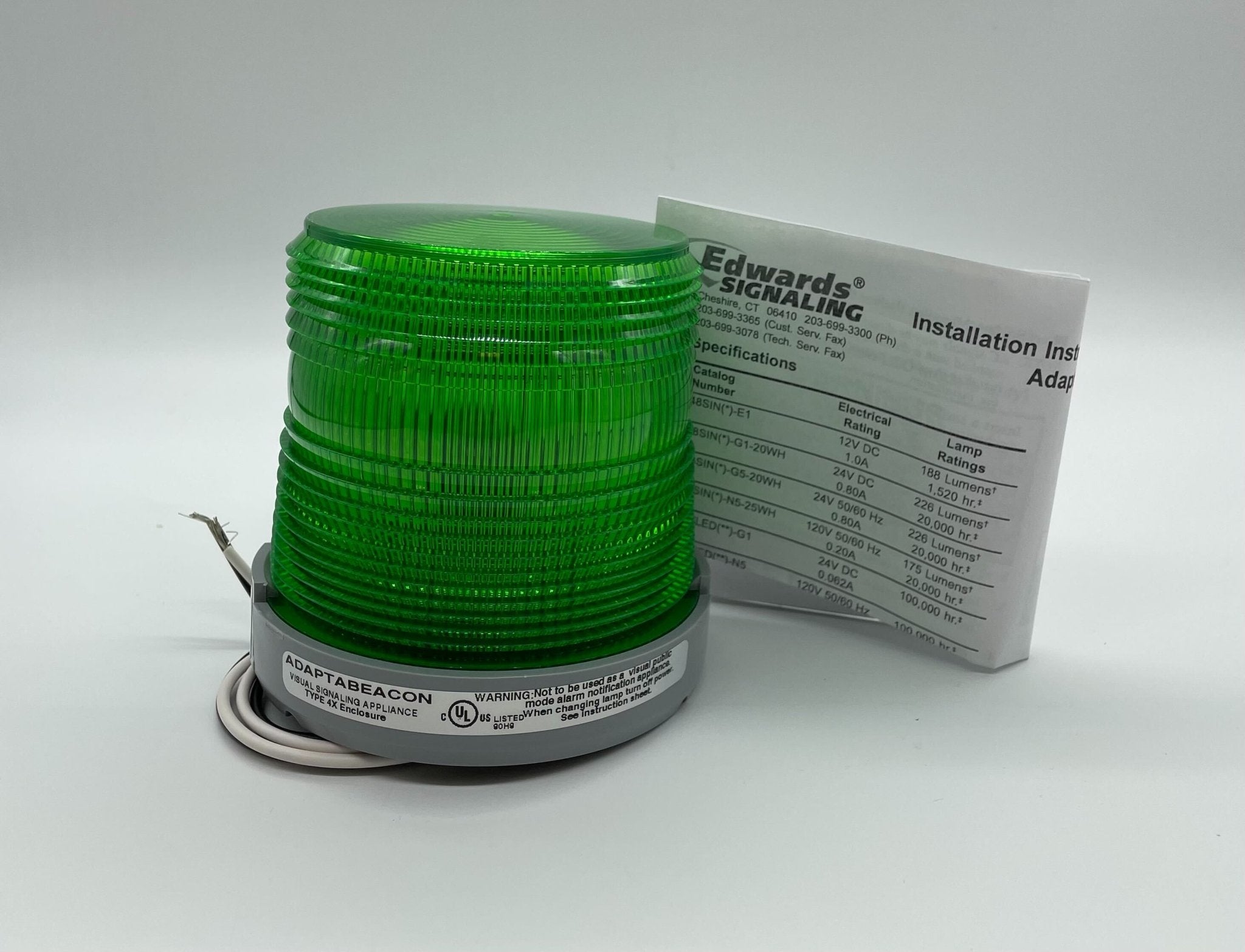 Edwards 48SING-N5-25WH beacon with white housing, mounted on a metal bracket, showing LED lights and wiring connections.